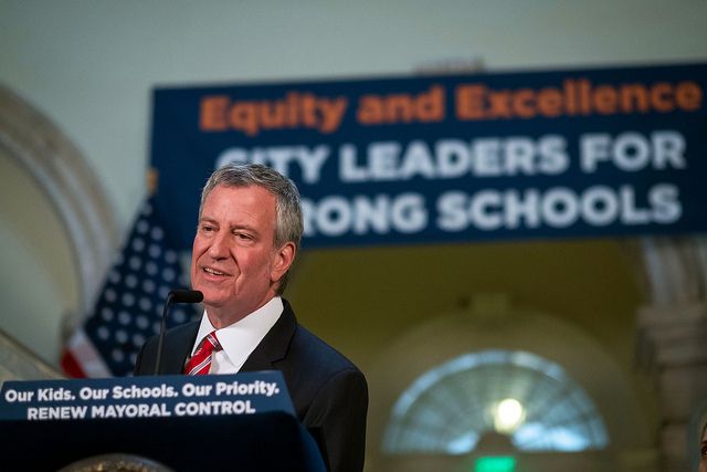 Mayor Bill de Blasio at a City Hall rally to extend mayoral control of the New York City school system on March 7th.